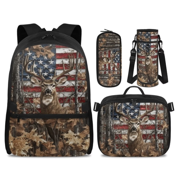 Yspwyqan Backpack Set with Lunch Box Pencil Case for Boys, Vintage USA Flag Deer Lightweight Large Capacity Kids Backpack Fits 14" Laptop for School