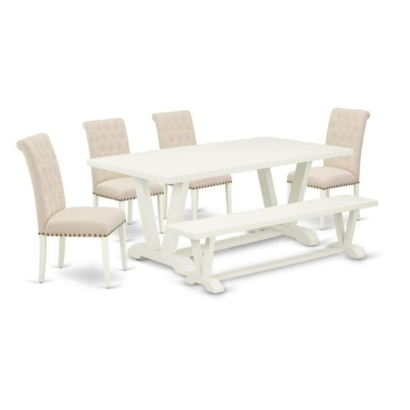 East West Furniture V-Style 6-piece Wood Dining Set in Linen White/Light Beige