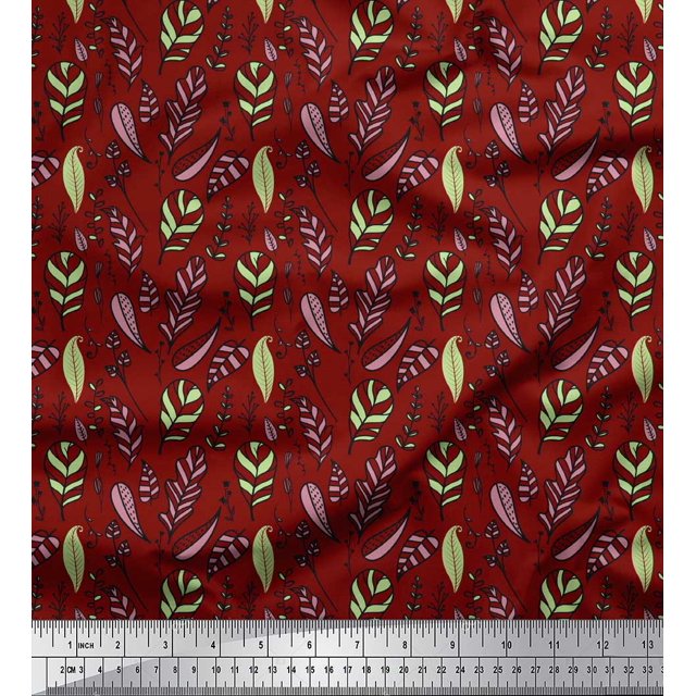 Soimoi Red polyester Crepe Fabric Artistic Leaves Printed Fabric 1 Yard 42 Inch Wide