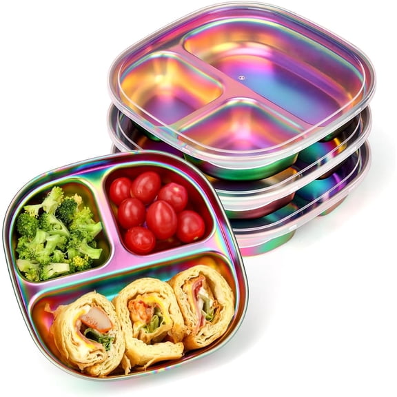 Stainless Steel Kids Plates Pack of 4 Divided Toddler Plates with Lids Rainbow Color BPA Free