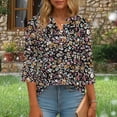 thumbnail image 4 of CLOISE Womens 3/4 Sleeve Tops Shirts Ruched Loose Floral V Neck Pullover Pleated Button Trendy Fall Clothes Brown L, 4 of 6