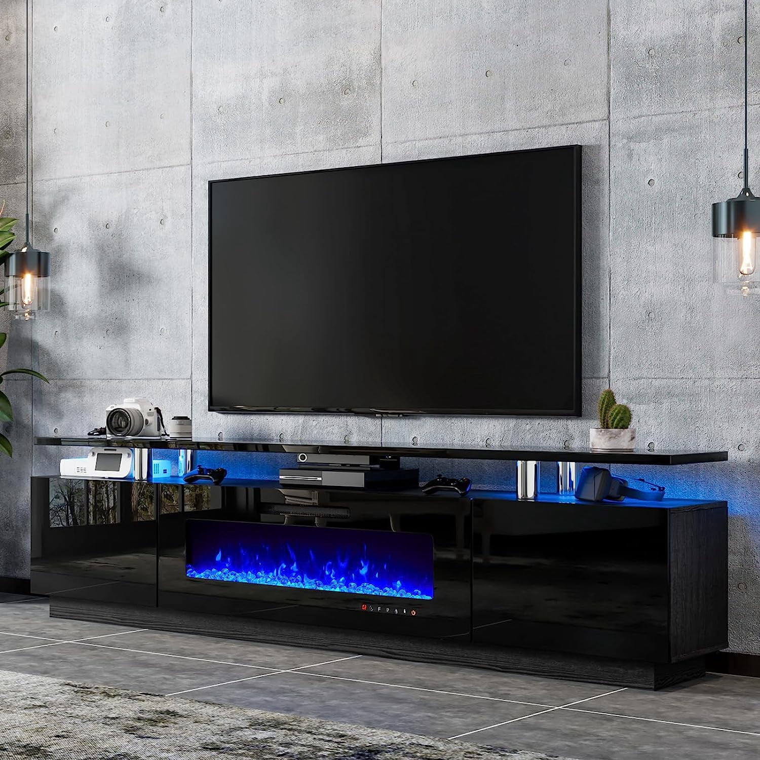 LUXOAK 80" Fireplace TV Stand, Modern High Gloss Finish Media Console with 40" Electric ...