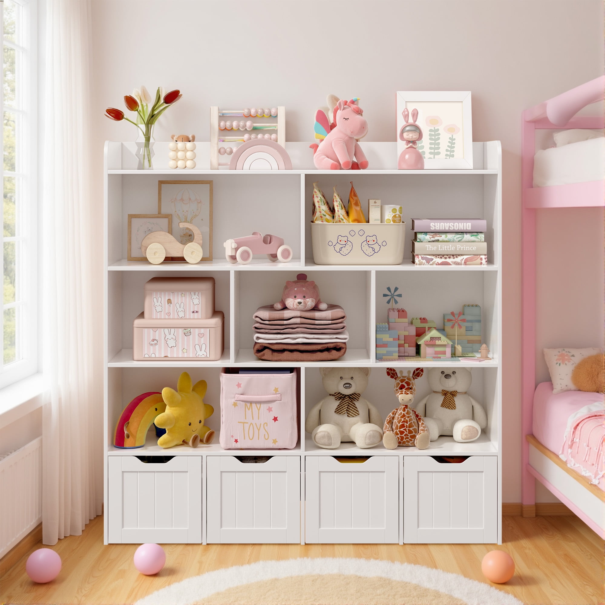 Lofka Kids Bookshelf and Toy Storage Organizer with7 Storage Cubes, 4 Movable Bins & Raised Edge Top, White
