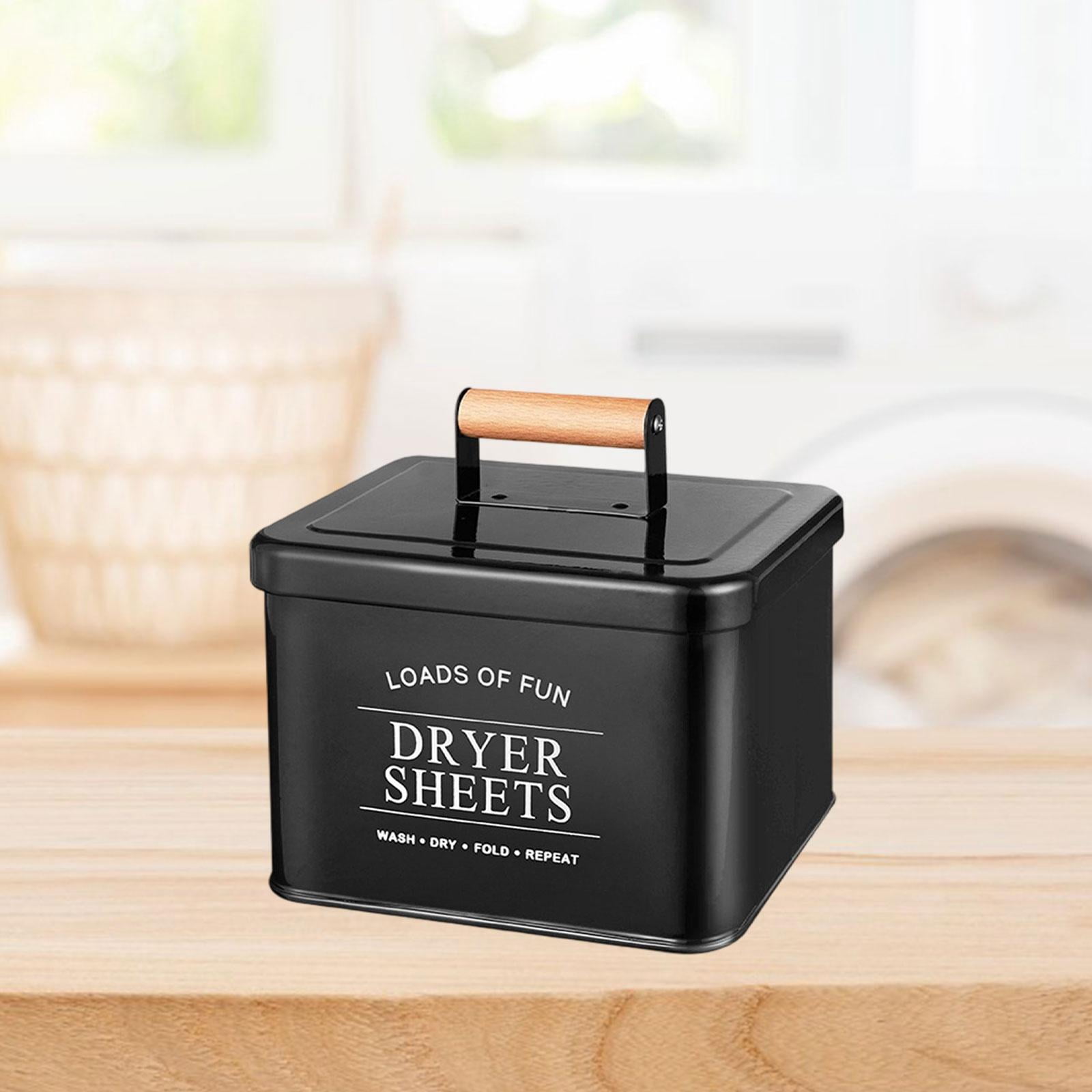 Fiocias Dryer Sheet Container Organizer Wood Handle Metal Storage Bin Modern Laundry Pod Black