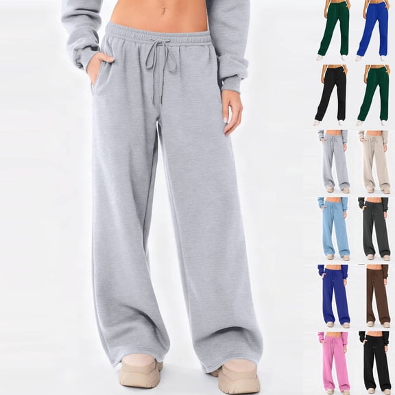 Uncuffed Sweatpants for Women Wide Leg Elastic Waist Baggy Lounge Track Pants Y2K Athletic Workout Joggers with Pockets Dark Green L