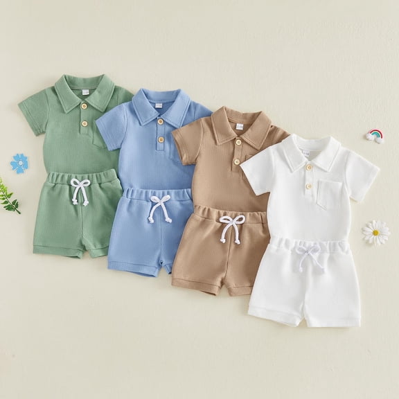 6 Month Boy Clothes Boys Summer Sets for Boys Summer Outfits Baby Boy Knit Children Stylish Collared Short Sleeved Tops and Shorts Two Piece Set(0 -12Months)