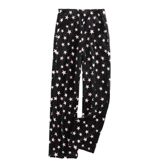 WTOBBY Women's Plush Sleep Pants with Pattern Design, Soft Elastic Waist Pajama Bottoms with Two Pockets, Comfortable Pajama Pants for Women,Black L