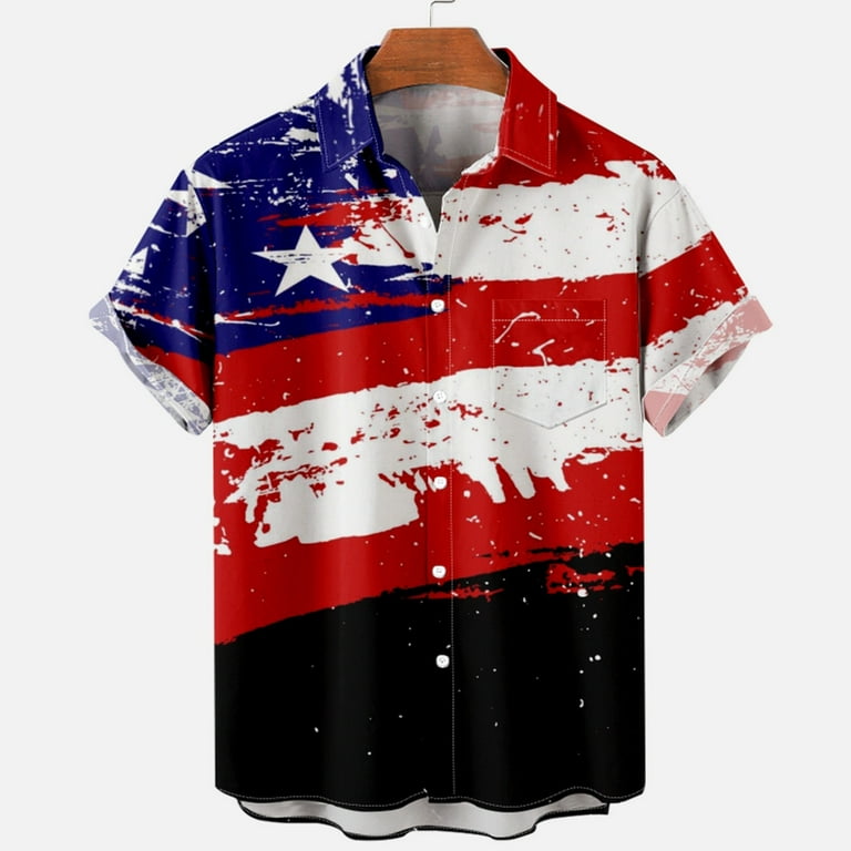 Dovford American Flag Shirt for Mens Patriotic Shirts Casual Button Down  Short Sleeve Shirt Vintage Cuban Style Camp Shirts
