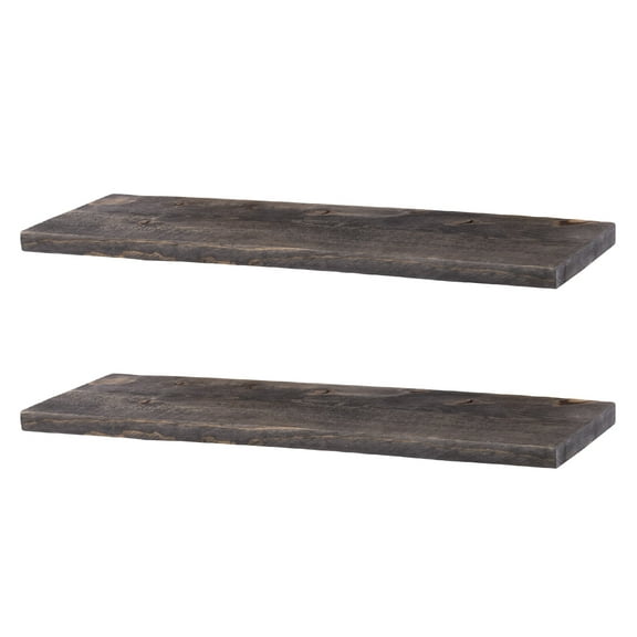 PIPE DECOR Solid Wood Wall Shelves, 24" L x 7.5" D, Premium Rustic Pine, Boulder Black Finish, Set of 2