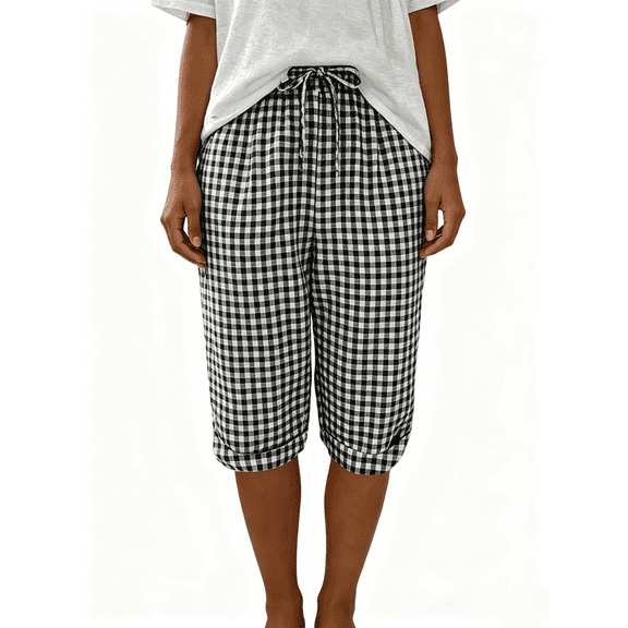 Zynoxe Plaid Shorts for Women with Pockets Fashion Casual Drawstring Waist Bermuda Shorts Summer Beach Knee Length Women's Shorts S