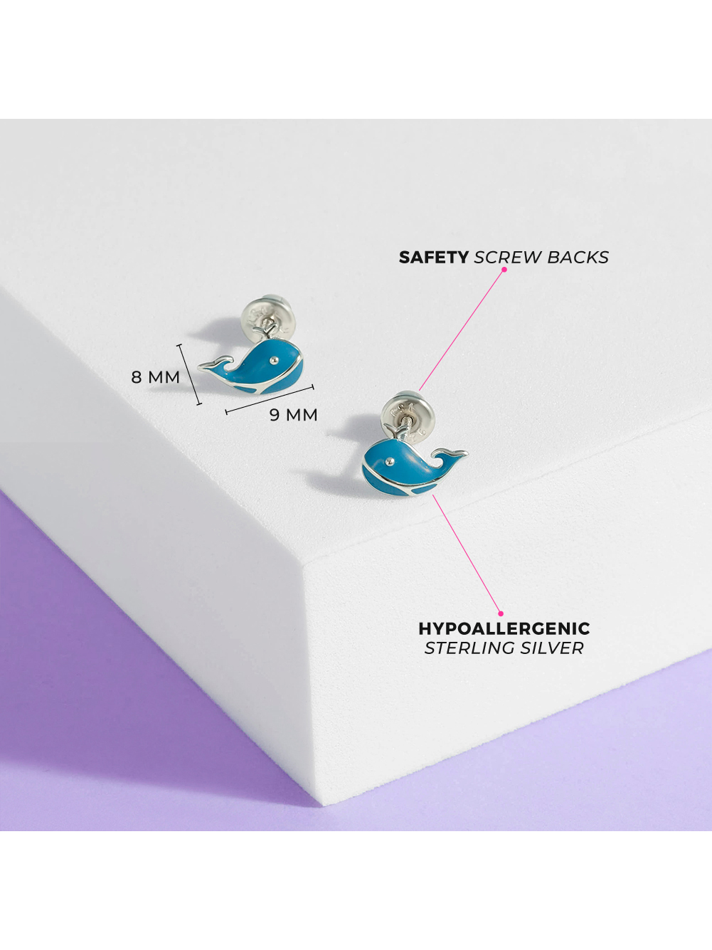 Playful Whale Kids / Girls Earrings Screw Back Enamel - Sterling Silver