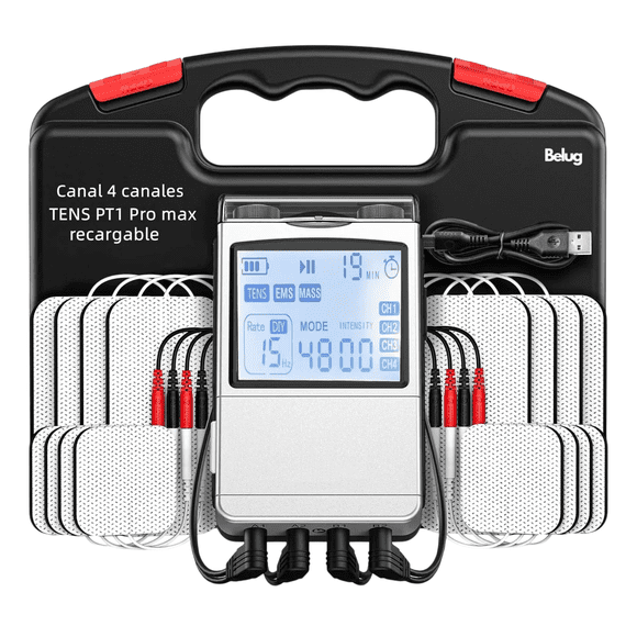 Electroestimulador Belug Muscular 4 Canales 48 Modos 8pad PLATA NEGRO