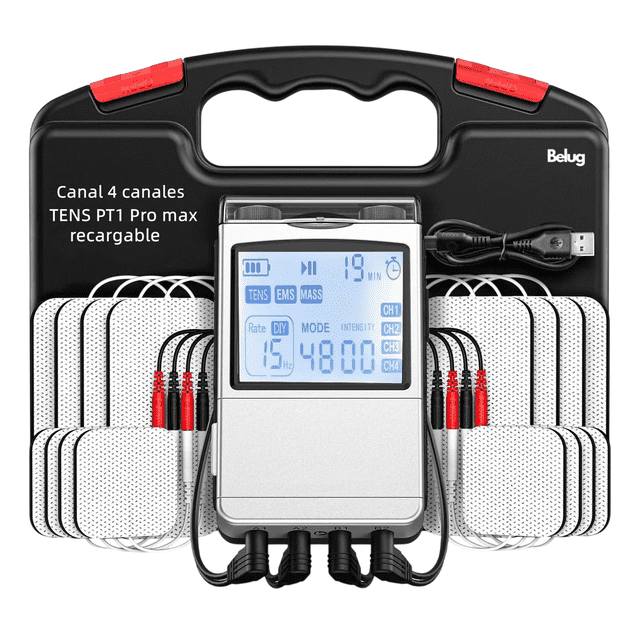 Electroestimulador Belug Muscular 4 Canales 48 Modos 8pad PLATA NEGRO
