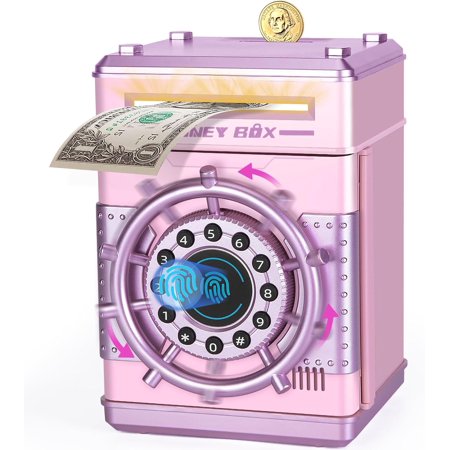Piggy Banks for Girls, Electronic Money Bank Password Money Safe Cash Coin Piggy Bank, Fingerprint Simulation Bank Toys for 3 4 5 6 7 8 9 10 12 Year Old Girls Kids Birthday Xmas Gifts (Pink)