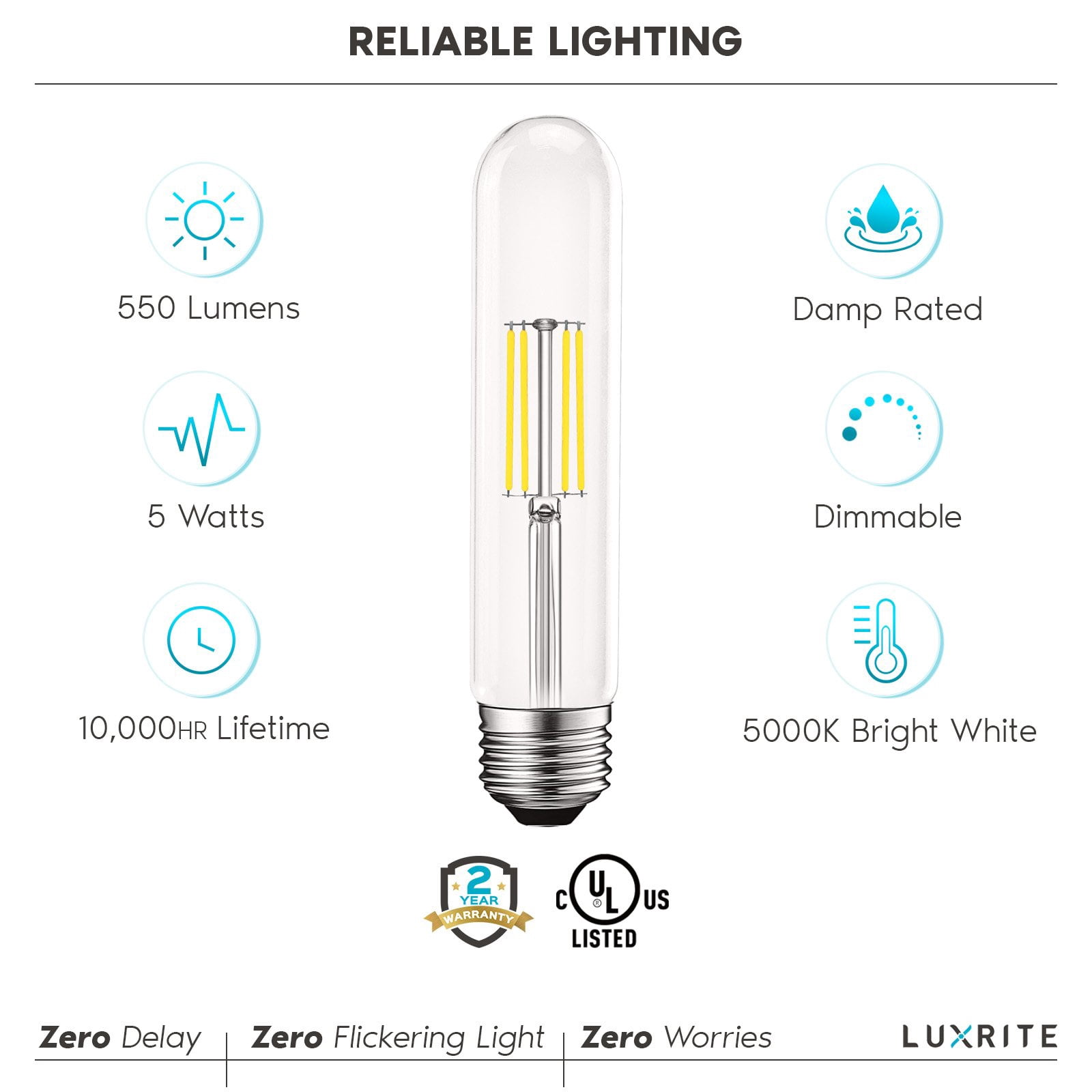 Luxrite Vintage T9 LED Tube Light Bulbs 60W Equivalent, 5000K Bright White, 550LM, Dimmable, 5W, UL, E26 Base 6 Pack