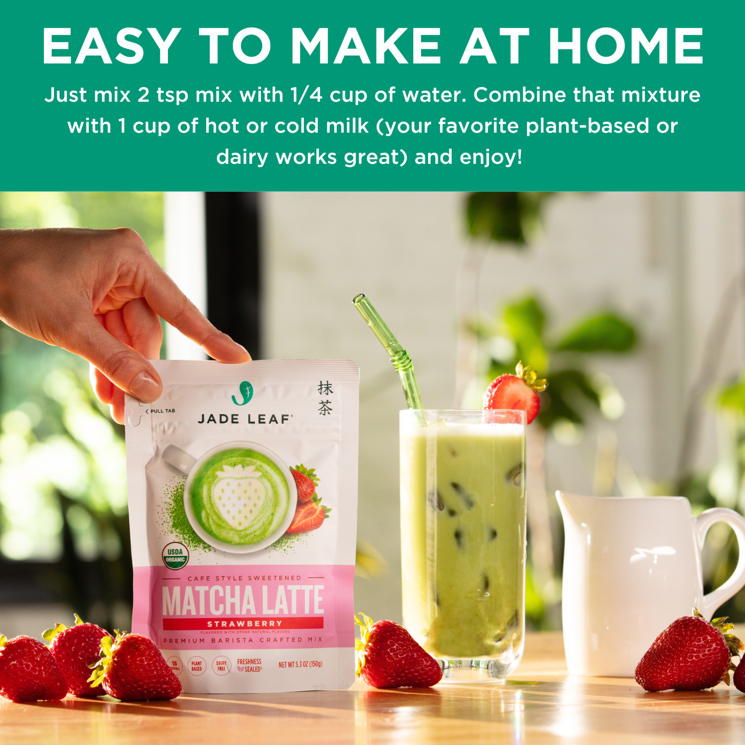 (3 pack) Jade Leaf Organic Matcha Latte Mix, Strawberry, Dairy-Free, 5.3 oz Pouch