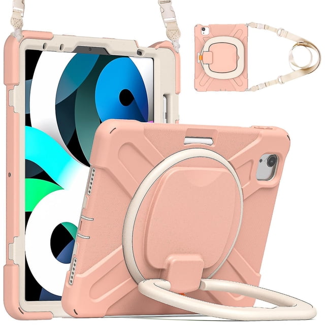 Funda a juego para iPad Air4 de 10,9 pulgadas con correa para el hombro, soporte de anilla ajustable grande, portalápices y protección contra golpes.