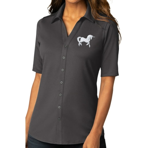 Womens White Unicorn Patch Button-Down Stretch Shirt, Small Graphite Gray
