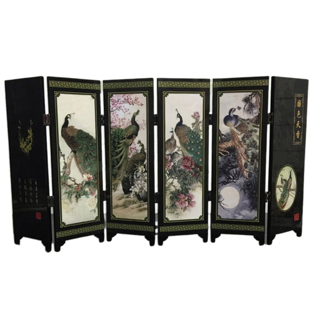 OPOLSKI Wooden 6-Panel Peacock Screen Room Divider Folding Partition Gift Desktop Decor