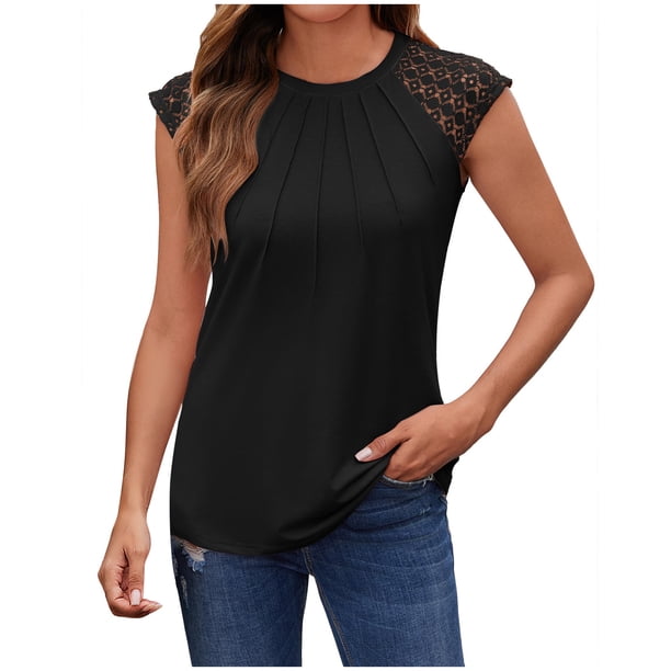 Pantalones Cortos para Mujeres Sexy Casual Suelto Cuello Redondo Encaje Patchwork Top, Plisado Pecho Manga Corta Blusa para el Uso Diario, Fiesta Y Fecha