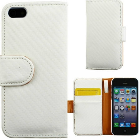 Mundaze Apple iPhone 5/5S Ivory White Carbon Fiber Textured Faux Leather Wallet Phone Case ...