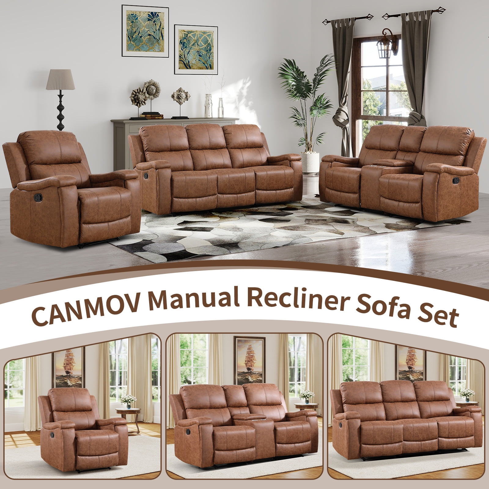 Bonzy Home Manual Reclining Chair Double Recliner Loveseat Sofa with Console Hidden Storage and Cup Holders,Sofa Set for Living Room