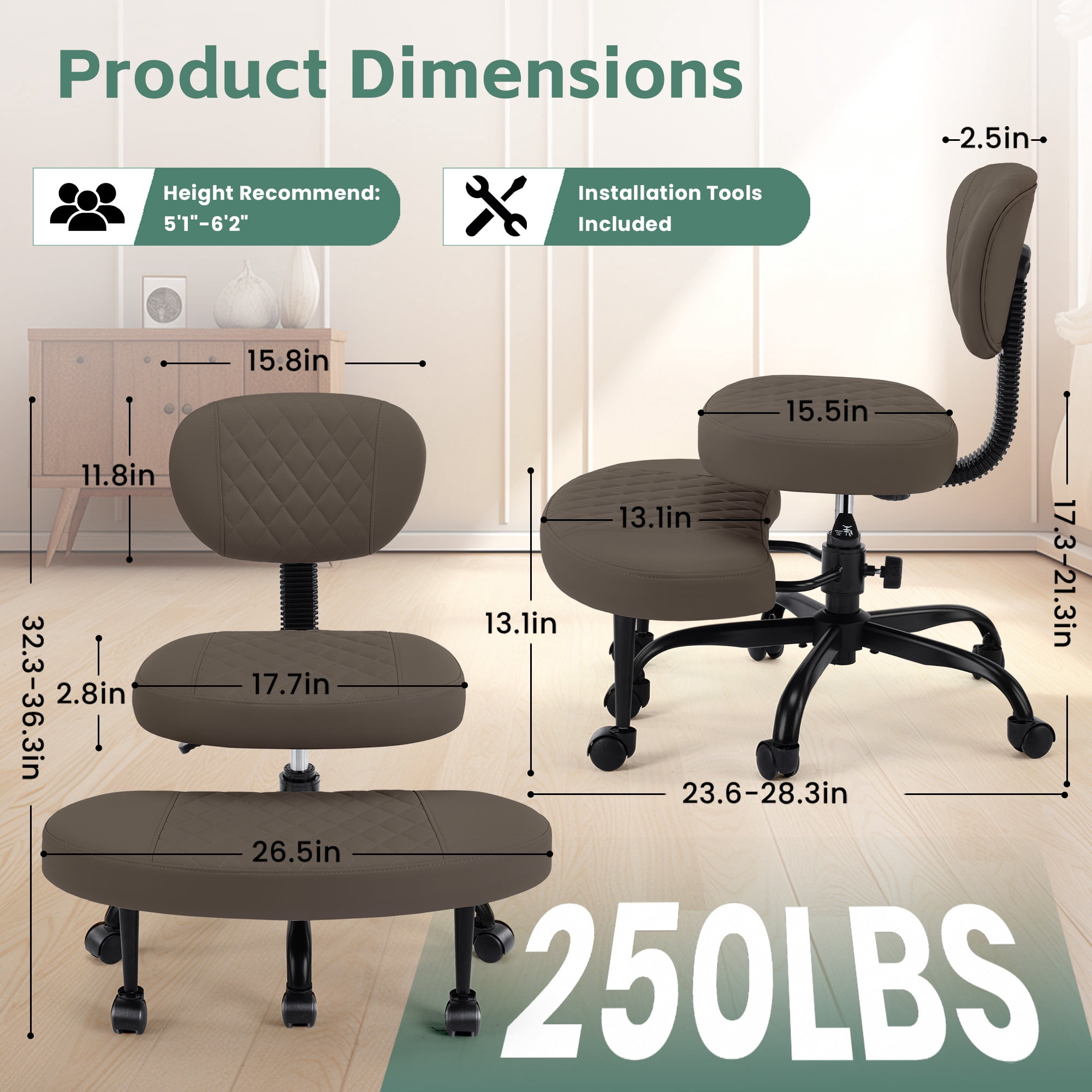 Dhole Ergonomic Cross-Legged Office Chair with Back Support - Adjustable Kneeling Stool for ADHD & Meditation, 360° Swivel Base with Wheels for Home Office, Brown