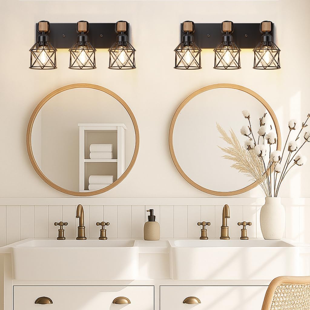 Farmhouse Vanity Light for Bathroom, 3-Light Wood Bathroom Vanity Light Fixtures Over Mirror, Black Rustic Wall Sconce with Cage Metal Lampshade, Vintage Wall Lights for Bedroom, Living Room, Hallway