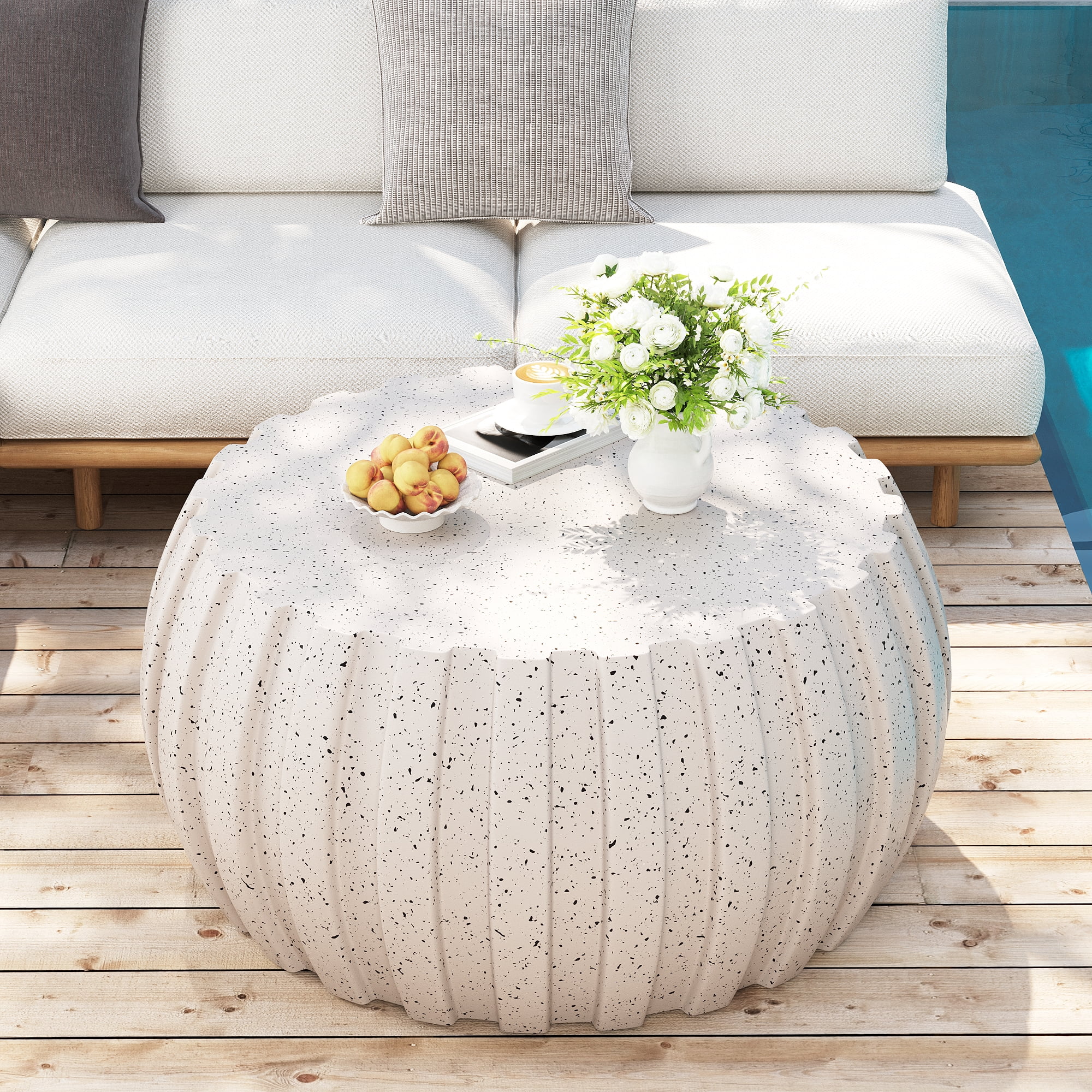 FFH 35.43" Coffee Table for Living Room, Modern Patio Coffee Table, Waterproof, Durable MgO Cement Design, White