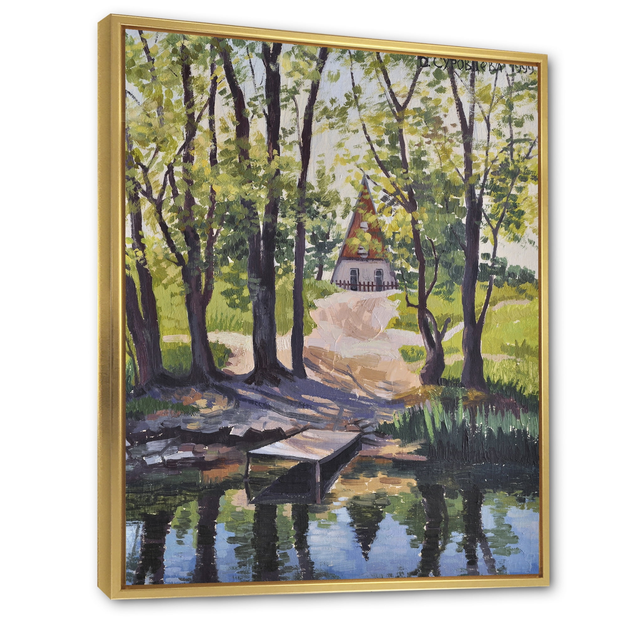 Designart 'Mysterious Countryside House By The River In The Woods' Lake House Framed Canvas Wall Art Print