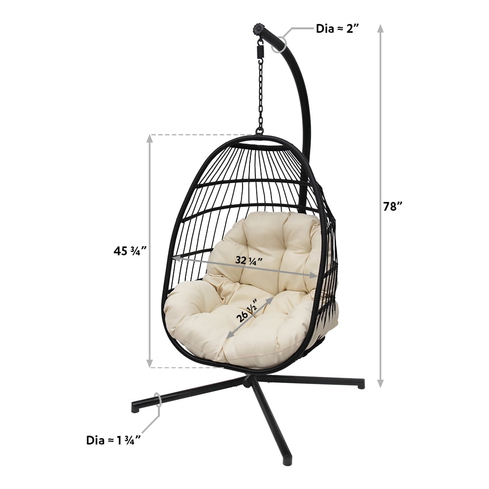 Abble Indoor Outdoor Wicker Hanging Egg Chair with Stand, Foldable Swing Chair with Cushion, Beige