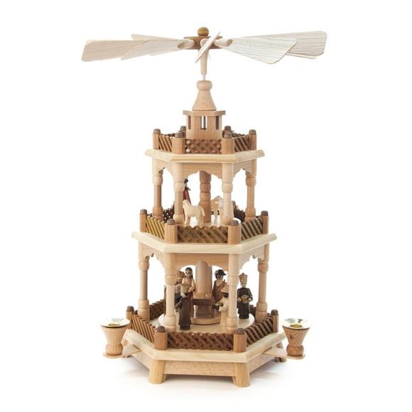 Artisanat Allemand Authentique Erzgebirge 3 Niveaux Pyramide Scène de la Nativité Bois Naturel - 42cm /16.5 Pouces - Dregeno Seiffen