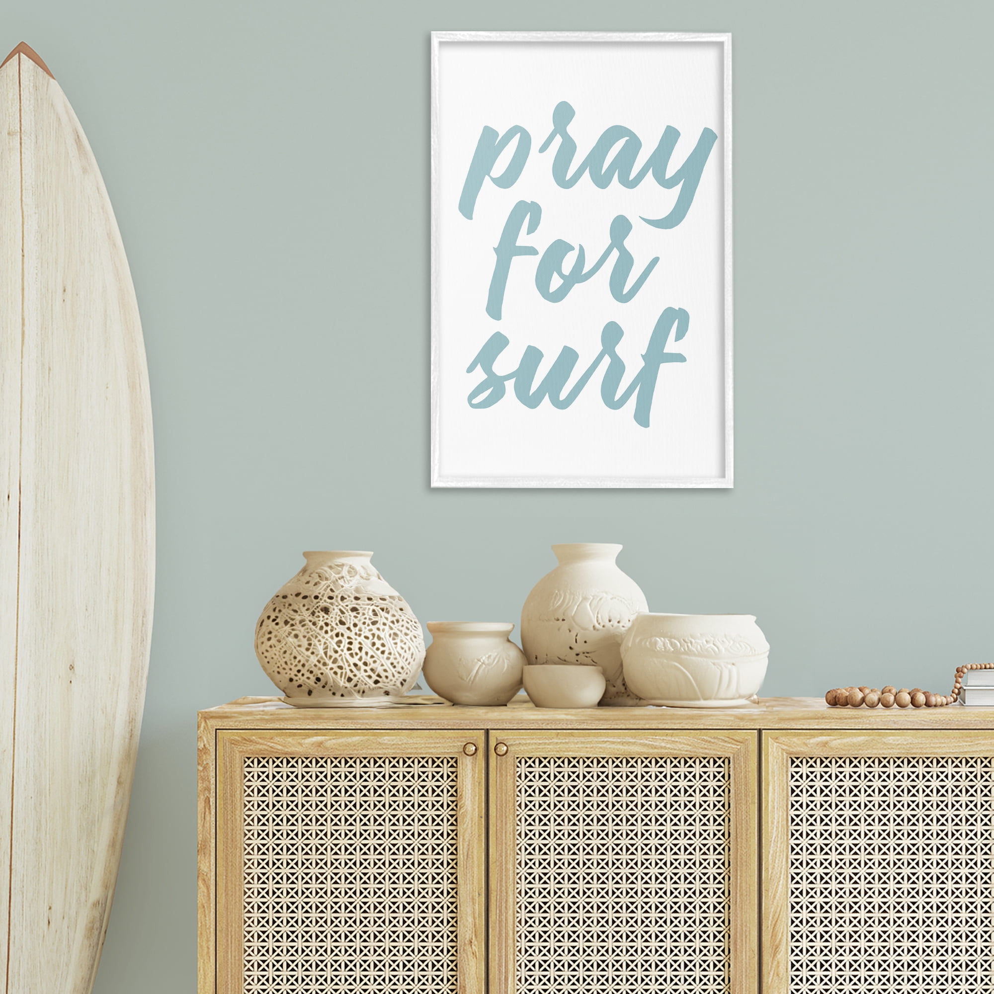 Stupell Industries Pray For Surf Typography Painting White Framed Art Print Wall Art, 20 x 30