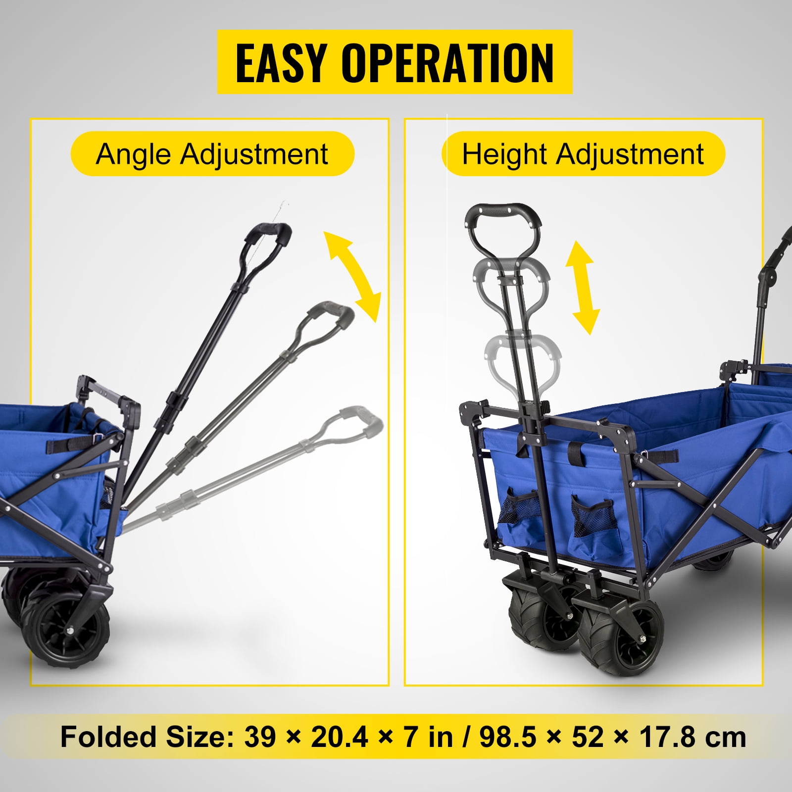 KFFKFF Collapsible Wagon Cart with Removable Canopy, Portable Folding Utility Garden Cart 600D Oxford Cloth Foldable Beach Wagon Cart w/ Oversized Wheels, Adjustable Handles, Rear Storage (Blue)