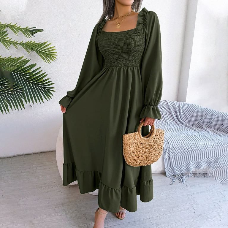 Boho Maxi Women's Flowy Maxi Dress Long Sleeve Square Neck Dress For Women Maxi  Dress Flowy