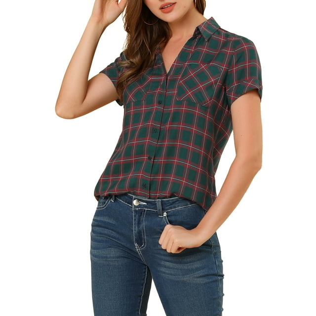 INSPIRE CHIC Chemise à Carreaux en Coton Boyfriend à Manches Courtes pour Femmes