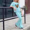thumbnail image 5 of KVPLBQFD Girls Summer 2 Piece Outfit Heart Embellished Short Sleeve Top + Stretchy Flared Pants Set for Teens Girl Fashion Vacation Travel Clothes, 5 of 6