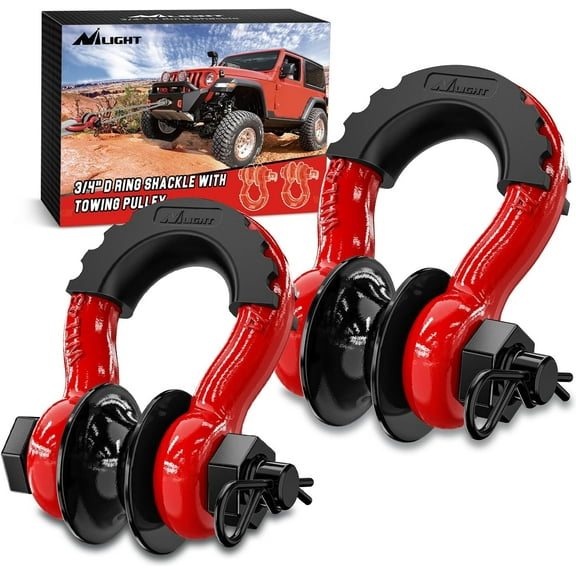 Nilight 3/4" D Ring Shackle with Towing Pulley 2 Pack 4.75 Ton (9500 Lbs) 7/8" Pin Heavy Duty off Road Recovery Shackle with Isolators Washer Kit for Jeep Truck Tractor Vehicle ATV UTV, Red