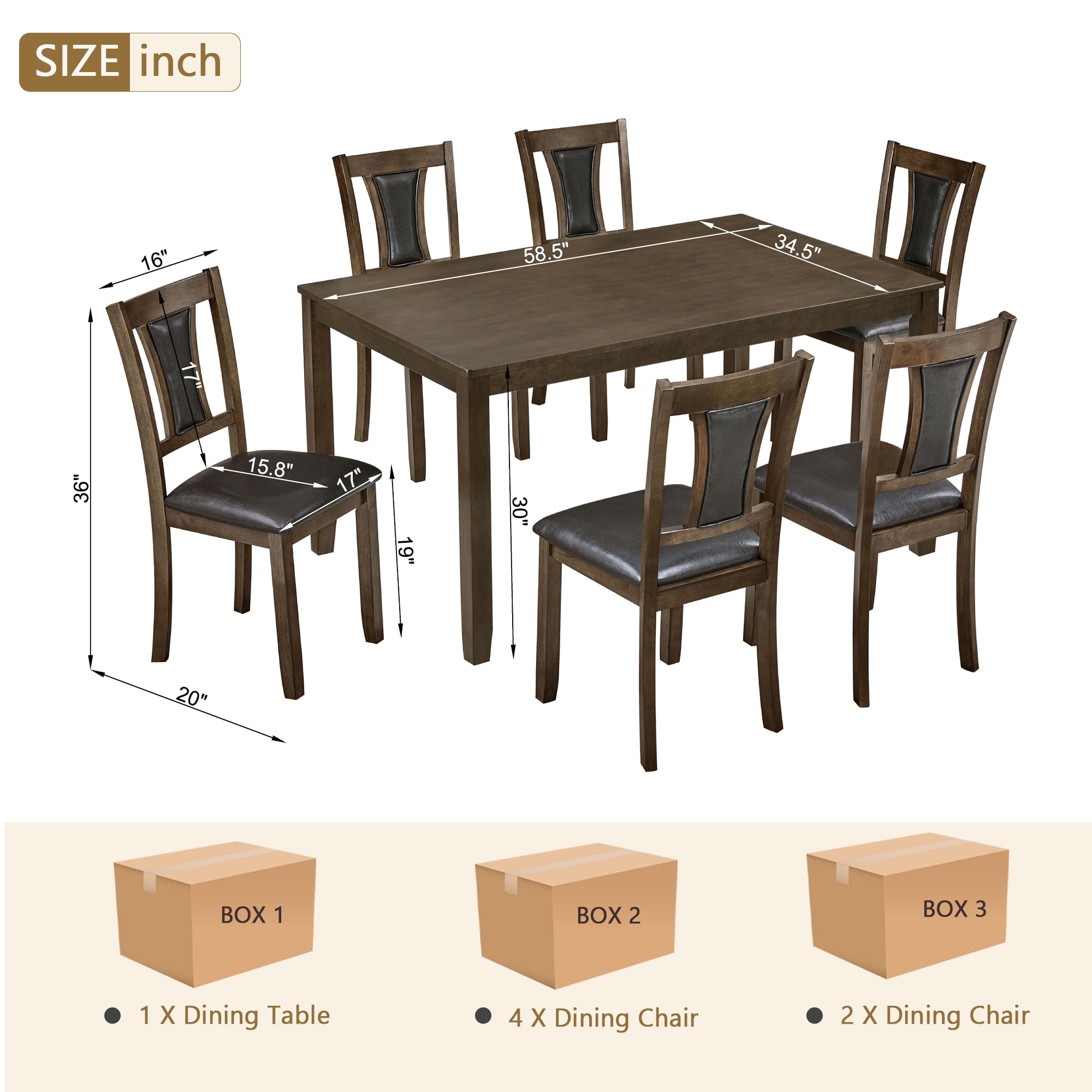BSHTI 58.5" Walnut Wood 7-Piece Dining Table Set with 6 Upholstered Chairs, Stable Structure, Comfortable Seating for Dining Room(Walnut)