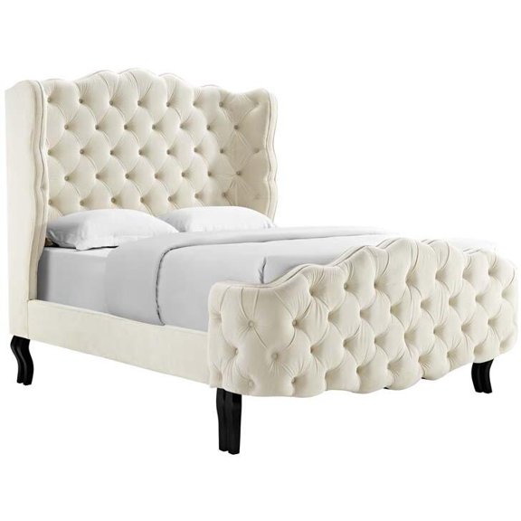 Violette Queen Tufted Wingback Performance Velvet Platform Bed in Ivory