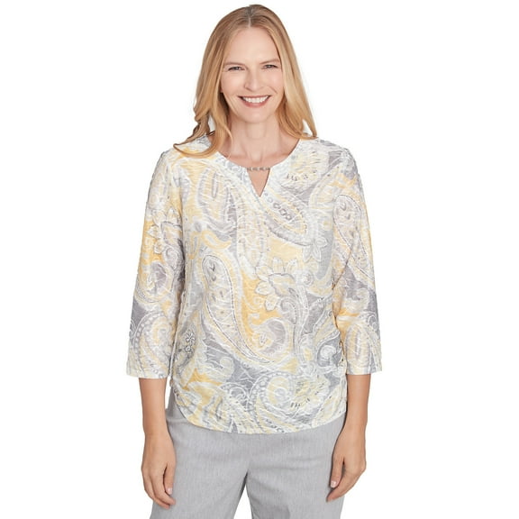 Alfred Dunner Womens Textured Paisley Beaded Neck Top