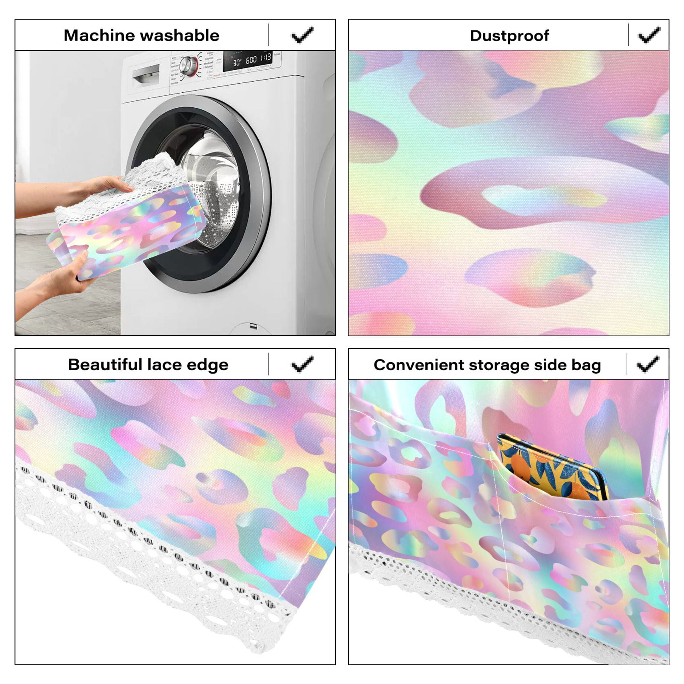 Washing Machine Cover 51.2x22in, Durable Polyester Dust Cover with Lace Trim and Side Pocket for Appliances Colorful Leopard Print