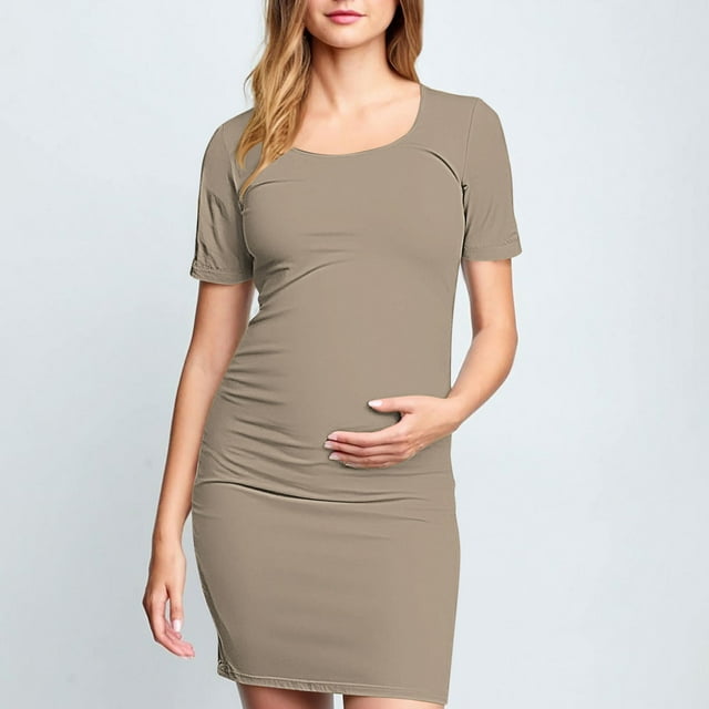 Ovzne Robes d'Été pour Femmes Robe pour Femme Robe de Maternité Plissée Imprimée à Manches Courtes Col Rond Mi-Mollet Robe de Vacances Manches Courtes Imprimée Liquidation