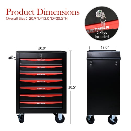 POVANLI 7 Drawer Portable Tool Box With Wheels,20" Tool Chest With Key Locking Tool Boxes/Organizers Black&Red