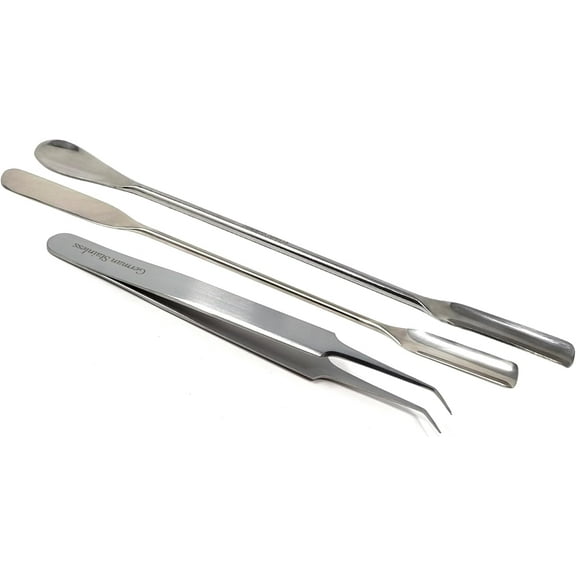Stainless Steel Micro Lab Sampling Scoop Spoon Round End Spatulas Double Sided Combination Laboratory Supplies With Angled Precision Tweezers - 3 Pcs Set