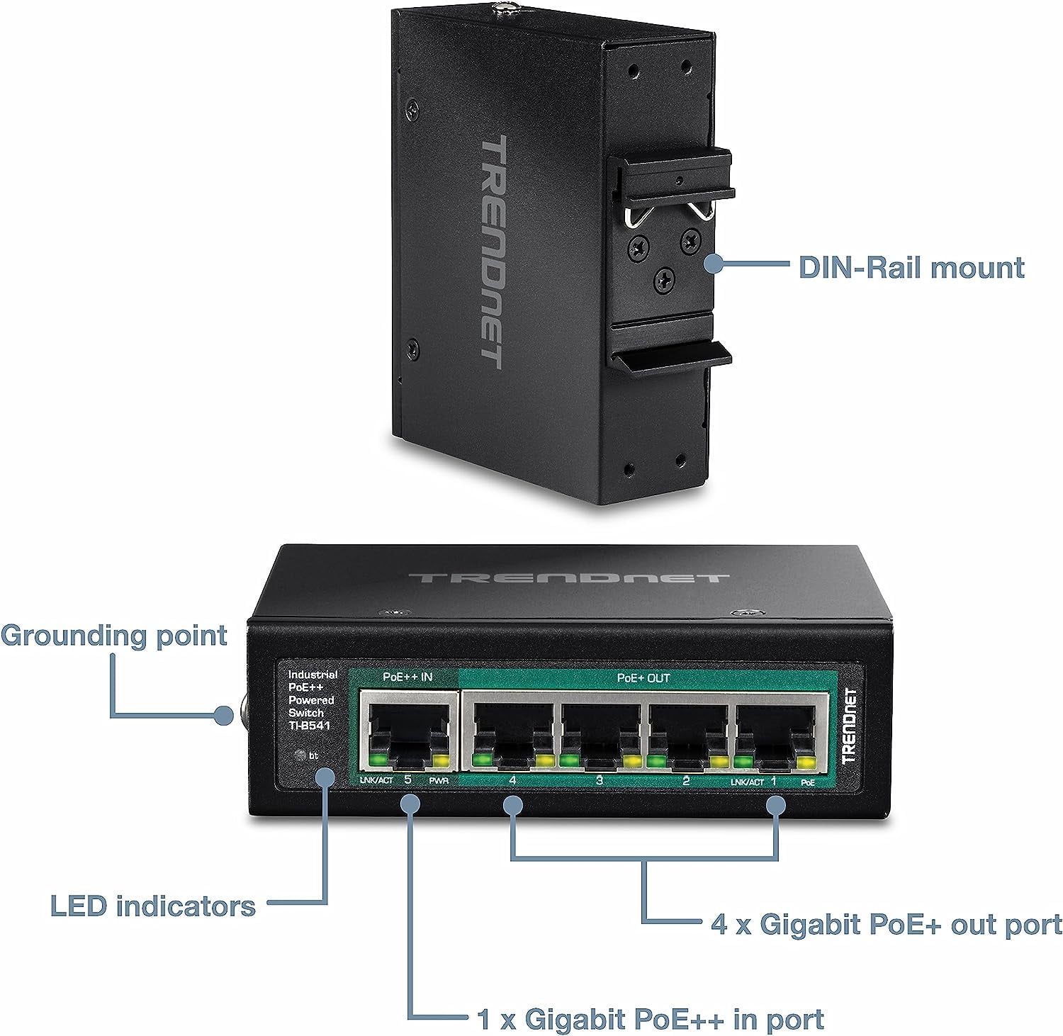 TRENDnet TI-B541 5-Port Industrial Gigabit PoE++ Powered DIN-Rail Switch with PoE Pass-Through