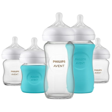 Philips Avent Natural Newborn Glass Gift Set, Baby Bottles with Natural Response Nipples, 3X 4oz (Slow Flow, Flow 2) and 2X 8oz (Medium Flow, Flow 3), 2X Silicone Sleeves, SCD858/01