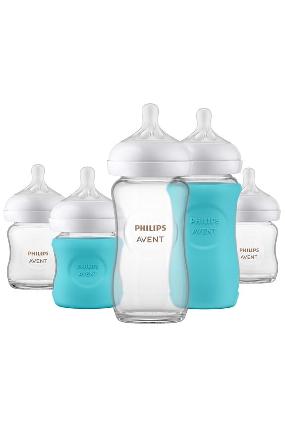 Natural Newborn Glass Gift Set, Baby Bottles with Natural Response Nipples, 3X 4oz (Slow Flow, Flow 2) and 2X 8oz (Medium Flow, Flow 3), 2X Silicone Sleeves, SCD858/01