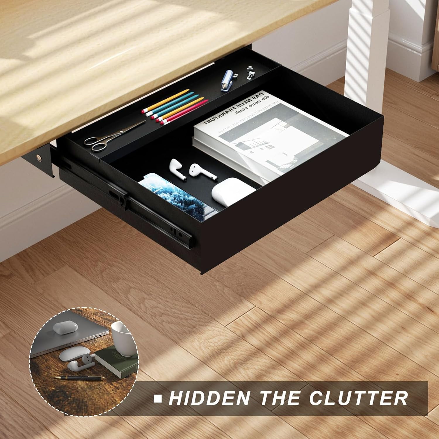 Under Desk Drawer with Sliding Pencil Tray -  Large Storage Organizer for Office Supplies