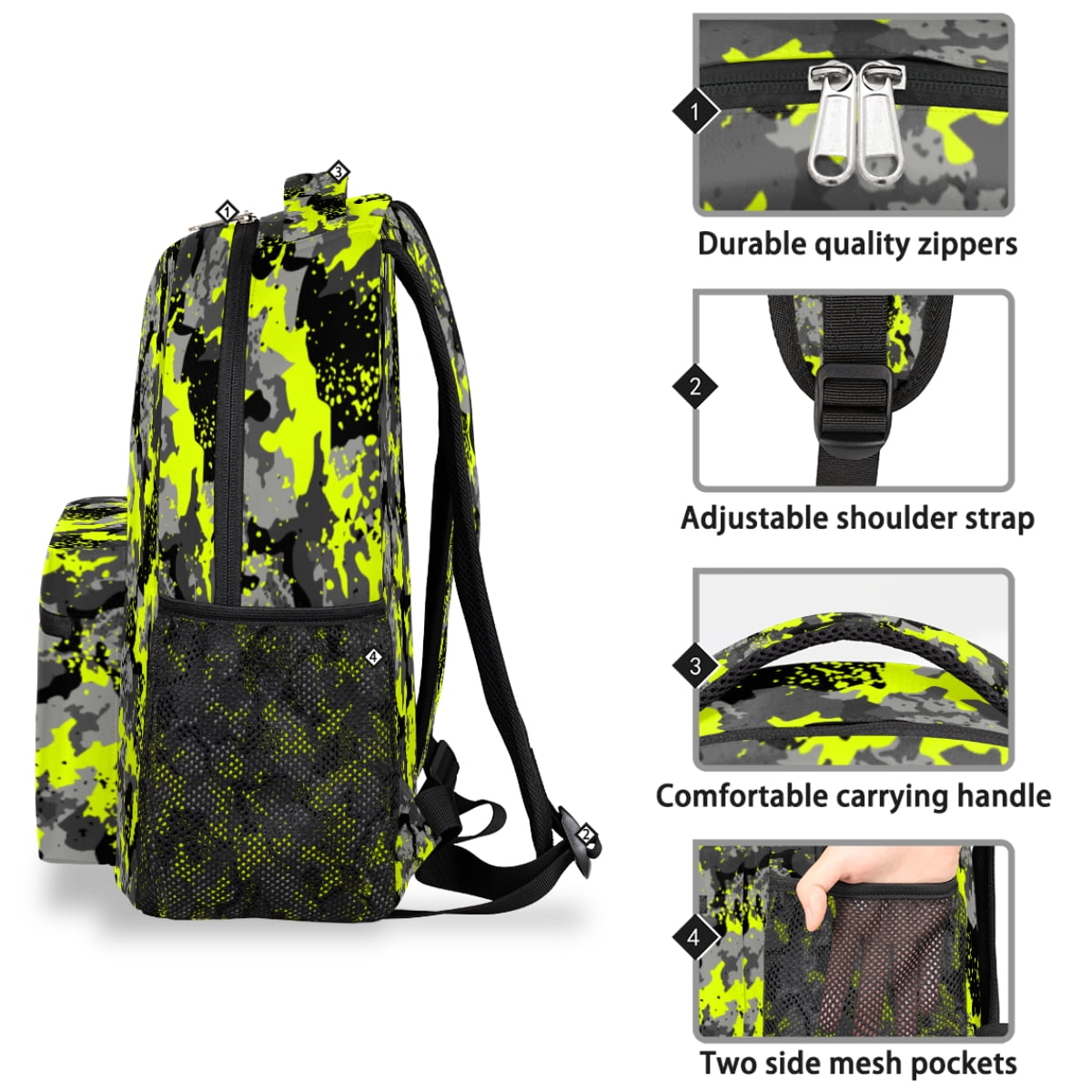 Fluorescent Camouflage Backpack Bookbag for Boys Girl, Laptop Big Book Bag Travel Hiking Camping Daypack Rucksack